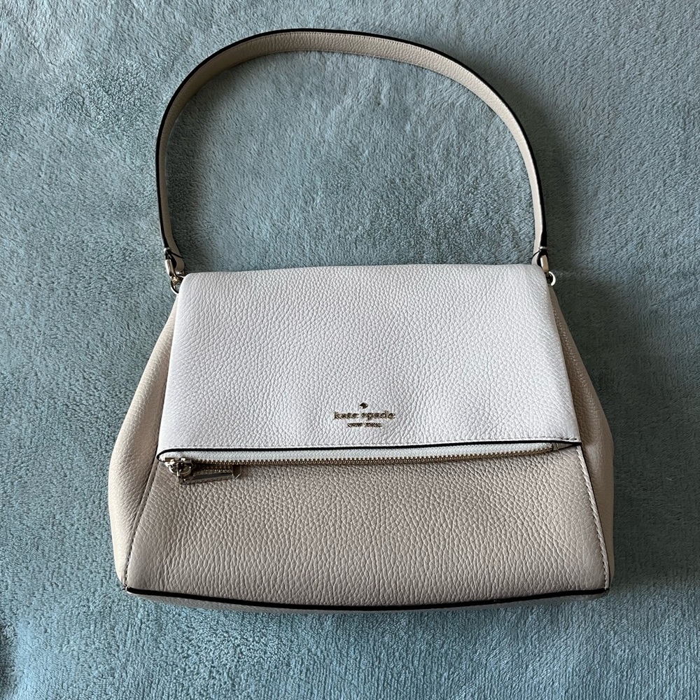 Kate Spade shoulder bag.  White & light taupe, pebbled leather.
